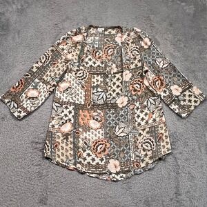 Spense‎ Peasant Boho Top Tunic Blouse Women's L Floral Roll Tab Sleeve